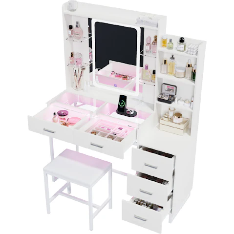 Advwin Dressing Table Set with Mirror and RGB Lights 5 Drawers and Open Shelves