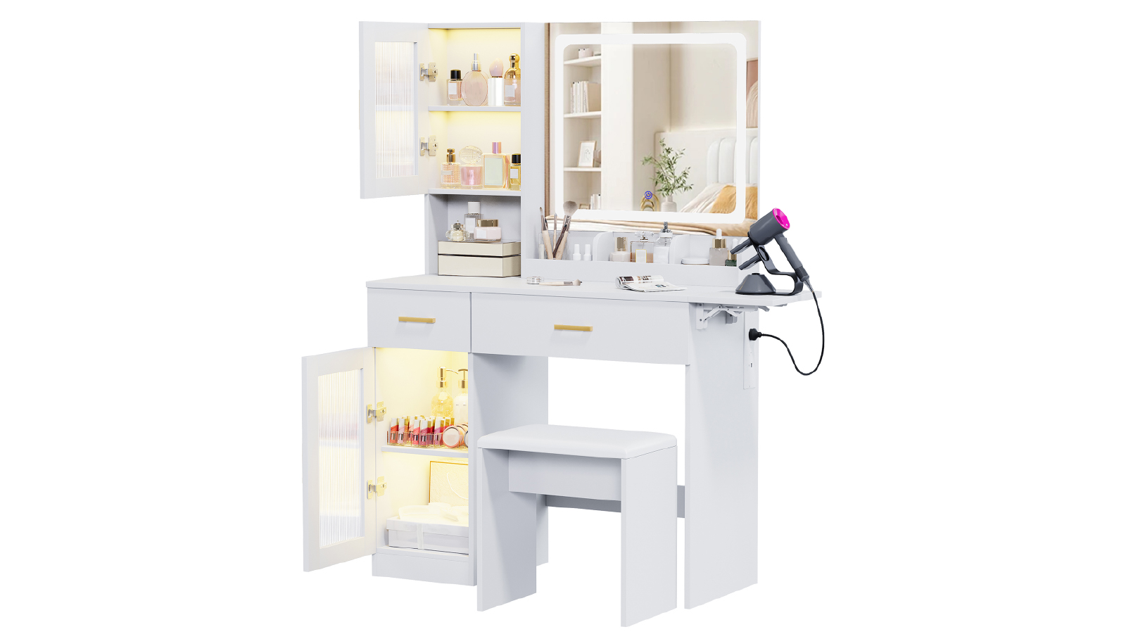 Advwin Dressing Table with LED Mirror and RGB Cabinet and Charging Station Bedroom Makeup Vanity Desk with Drawers and Reversible Foldable Countertop - White