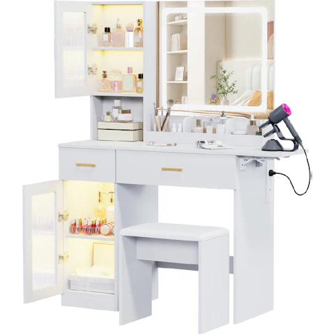 Advwin Dressing Table with LED Mirror and RGB Cabinet and Charging Station Bedroom Makeup Vanity Desk with Drawers and Reversible Foldable Countertop - White