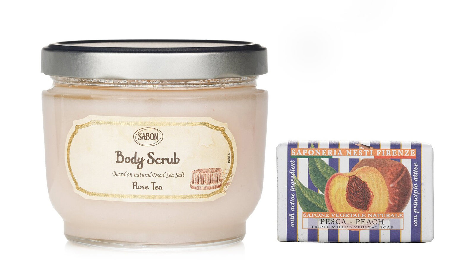 Sabon 2 Piece Body Scrub Rose Tea and Nesti Dante Le Deliziose Natural Soap - Peach