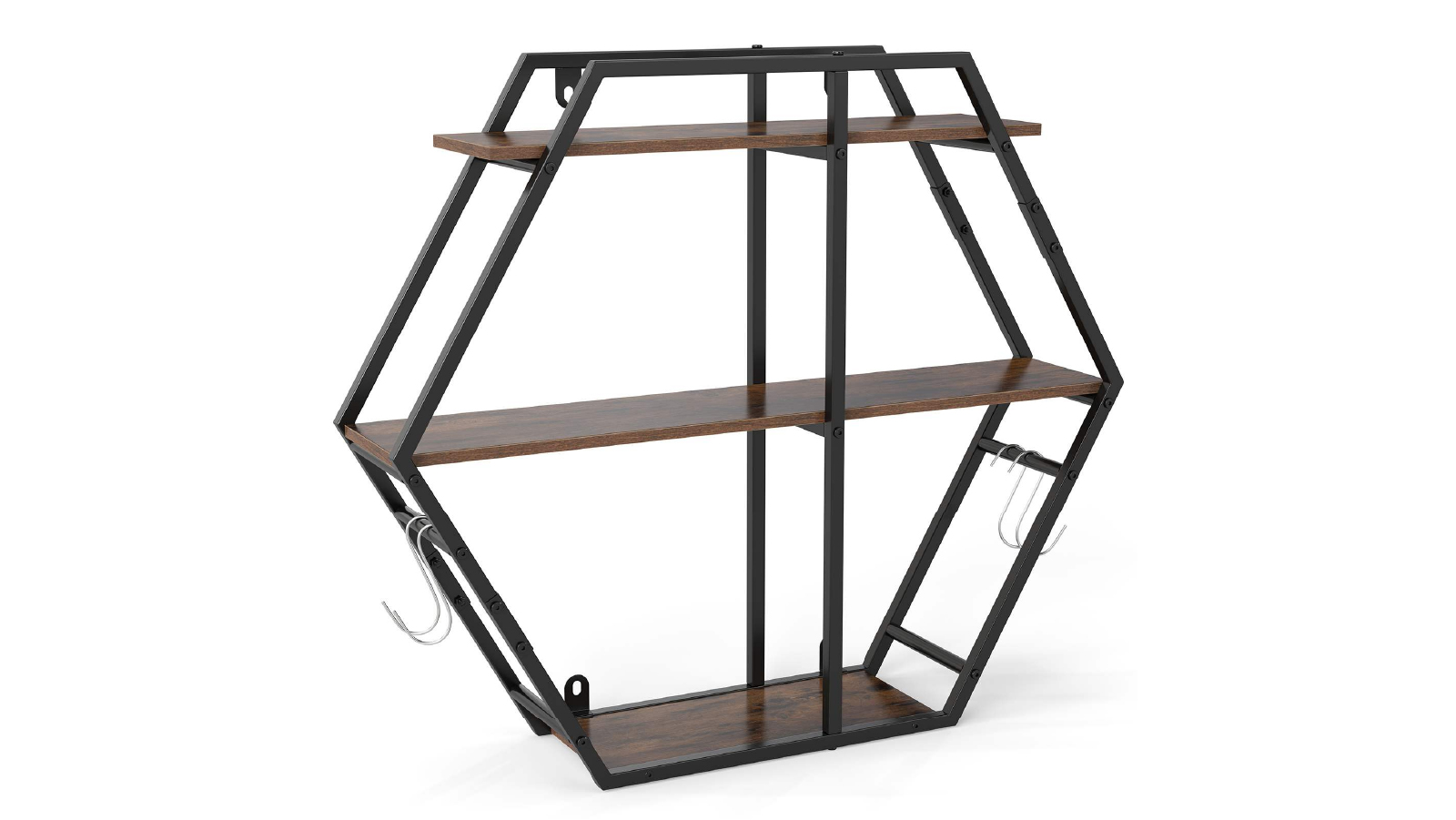 Costway 3 Tier Industrial Hexagon Shelves Wall Bookshelf with Hooks Metal Frame