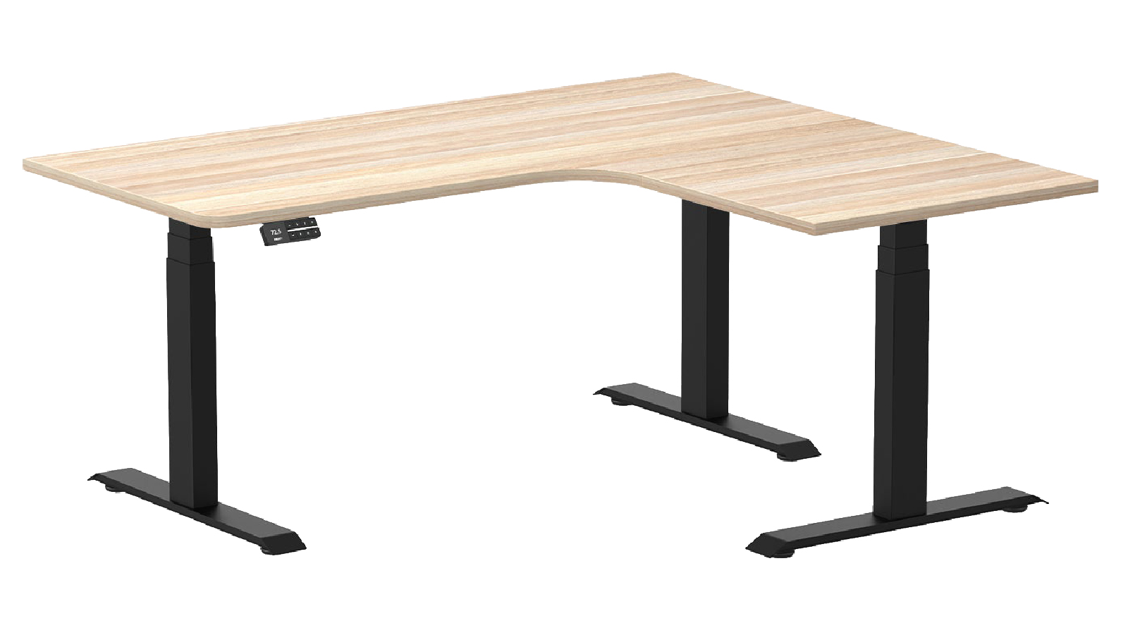 Desky 160 x 140cm Classic Oak L-Shape Melamine Sit Stand Desk - Matte Black