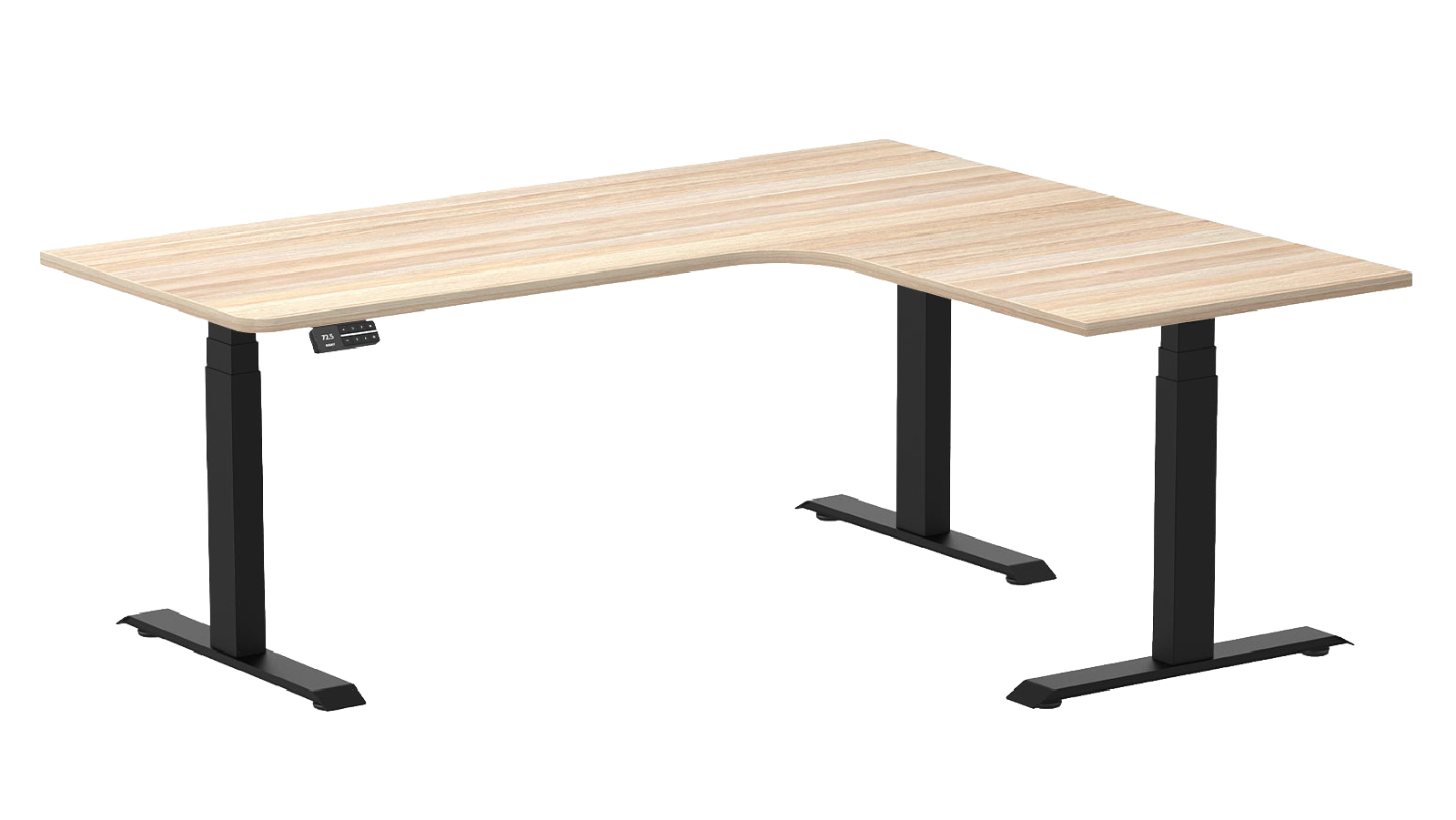 Desky 180 x 150cm Classic Oak L-Shape Melamine Sit Stand Desk - Matte Black