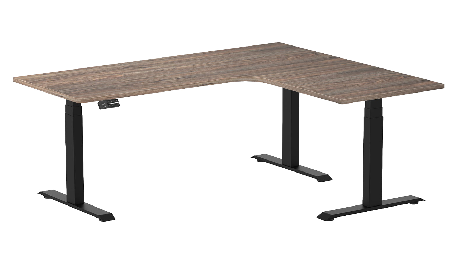 Desky 180 x 150cm Natural Walnut L Shape Melamine Sit Stand Desk - Matte Black