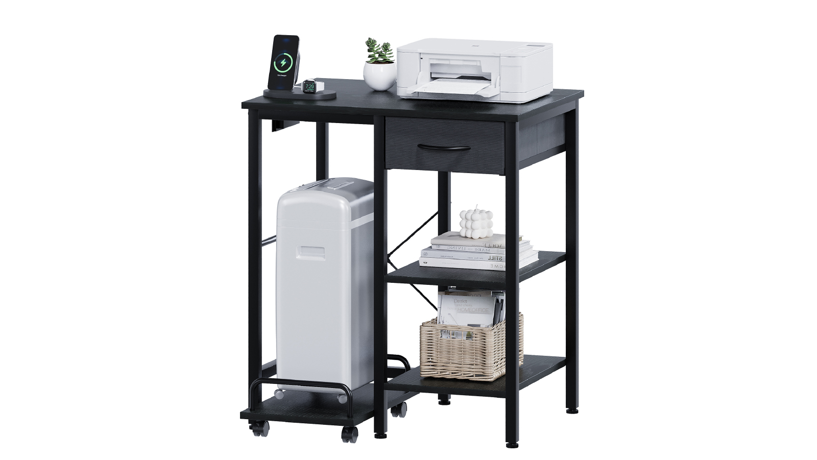 Advwin Printer Stand with Pull Out Shredder Shelf and Charging Station -  Black