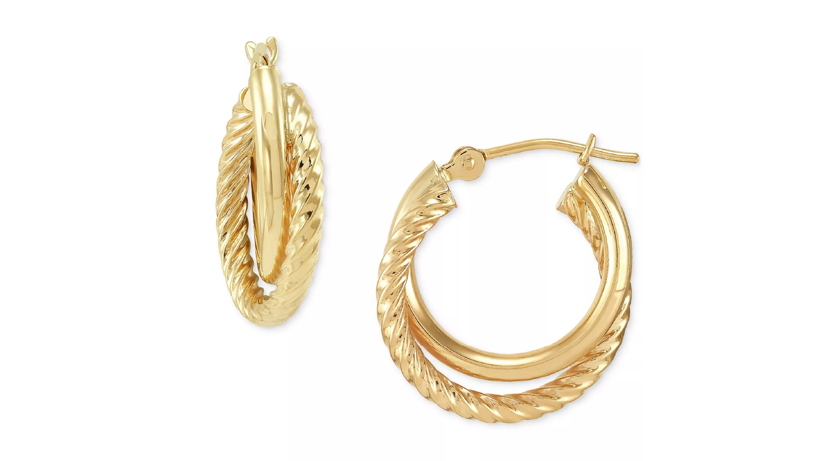 Sterling Silver Twisted & Smooth Small Hoop Earrings in 14k Gold - 15mm