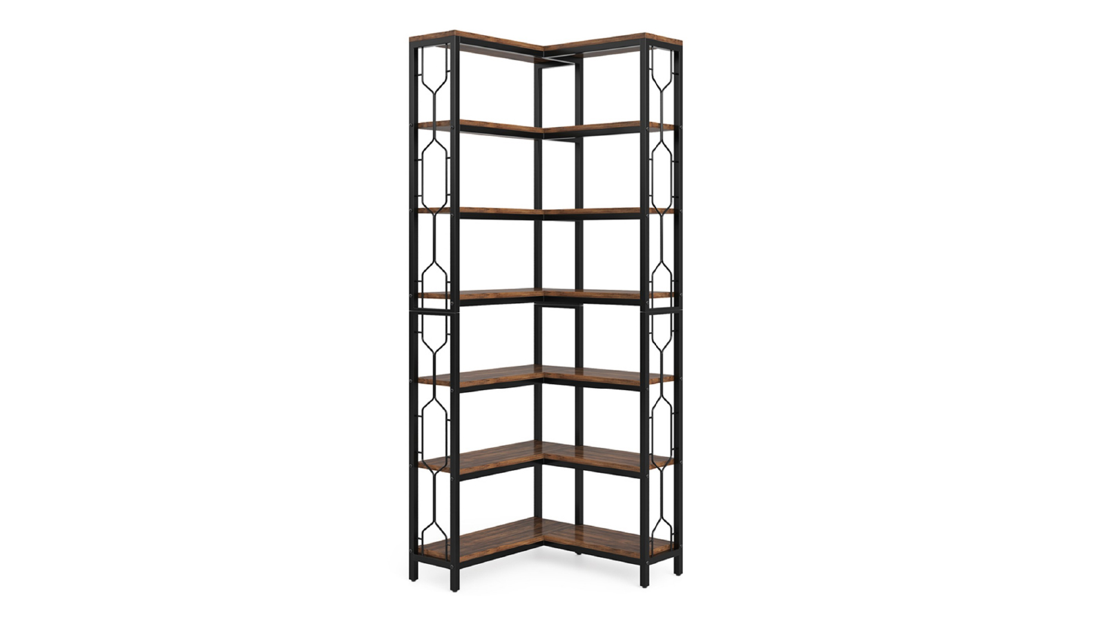 Oakory 7 Tier Hexagonal Corner Bookshelf with Railings Rustic Brown Wood and Black Metal Frame