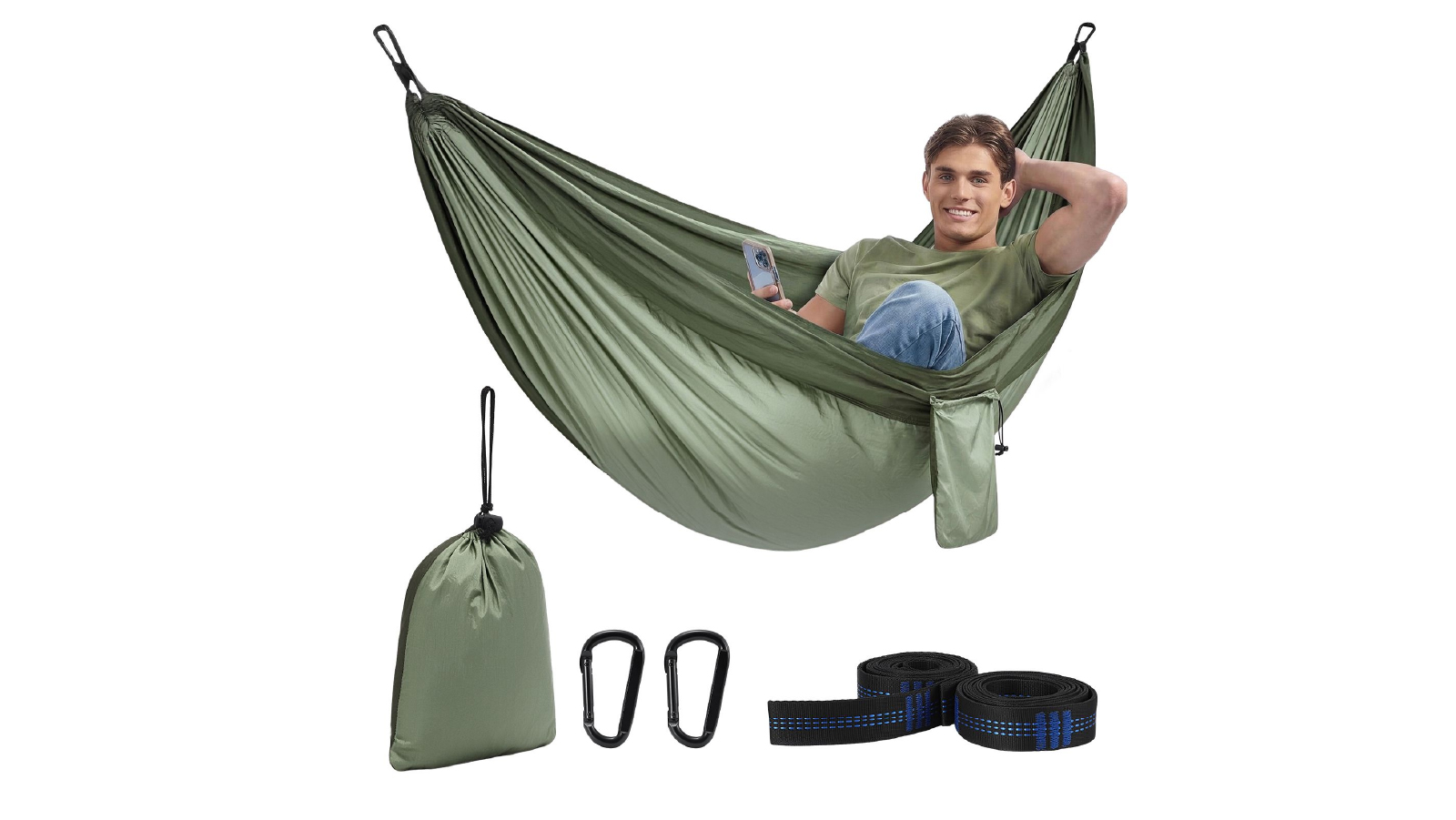 270 x 140cm Green Double Camping Hammock with Tree Straps - Maxium Load 200kg