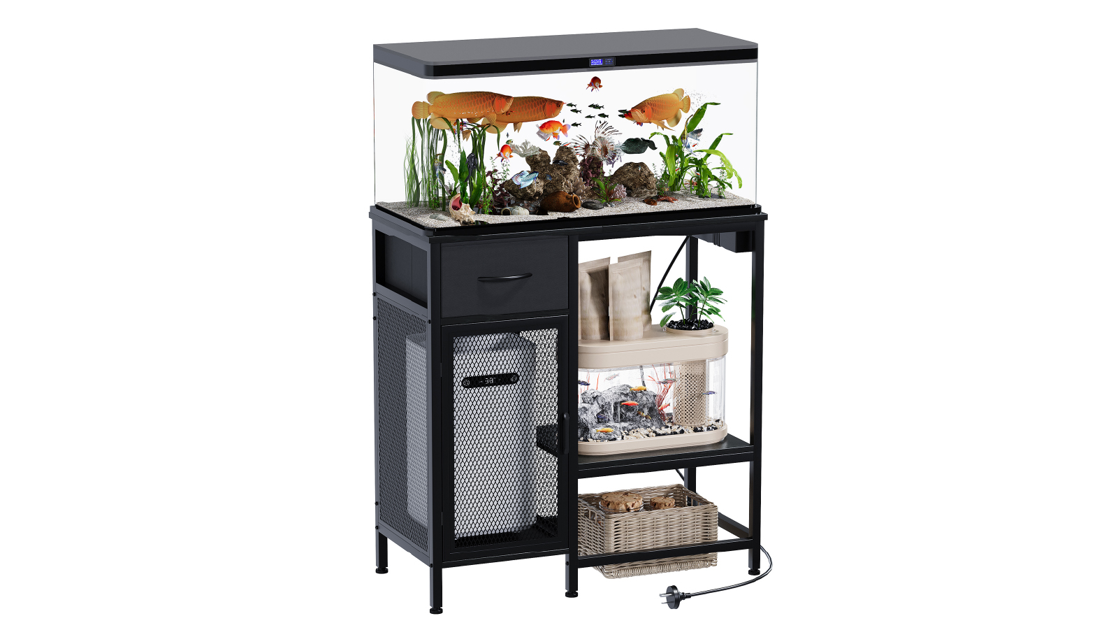 Advwin 3-Tier Fish Tank Stand Metal Frame Storage Cabinet with Drawer - Black