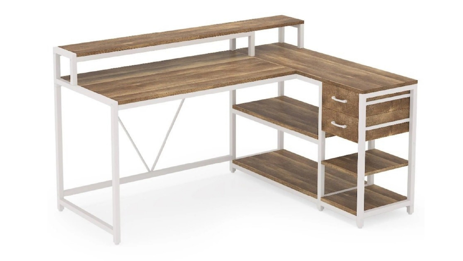 Oakory 140cm L Shaped Reversible Gaming Desk with Drawers Shelves and Monitor Stand - Oak and White
