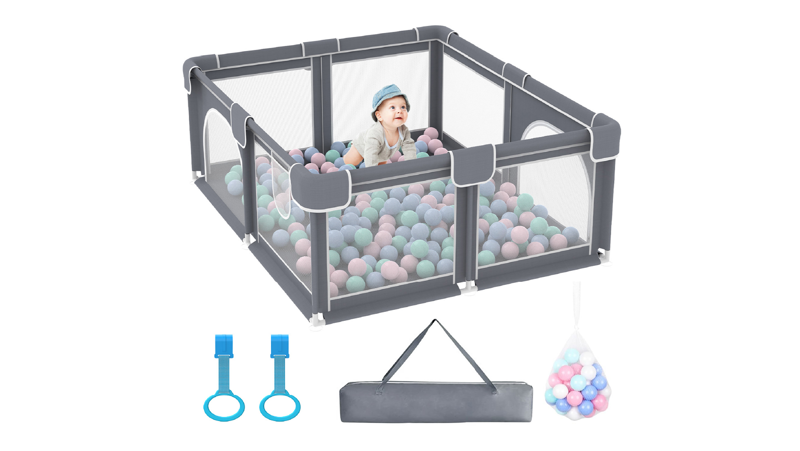 Advwin Large 150 x 180cm  Baby Playpen with Anti-Slip Base and 50 Ocean Balls - Grey