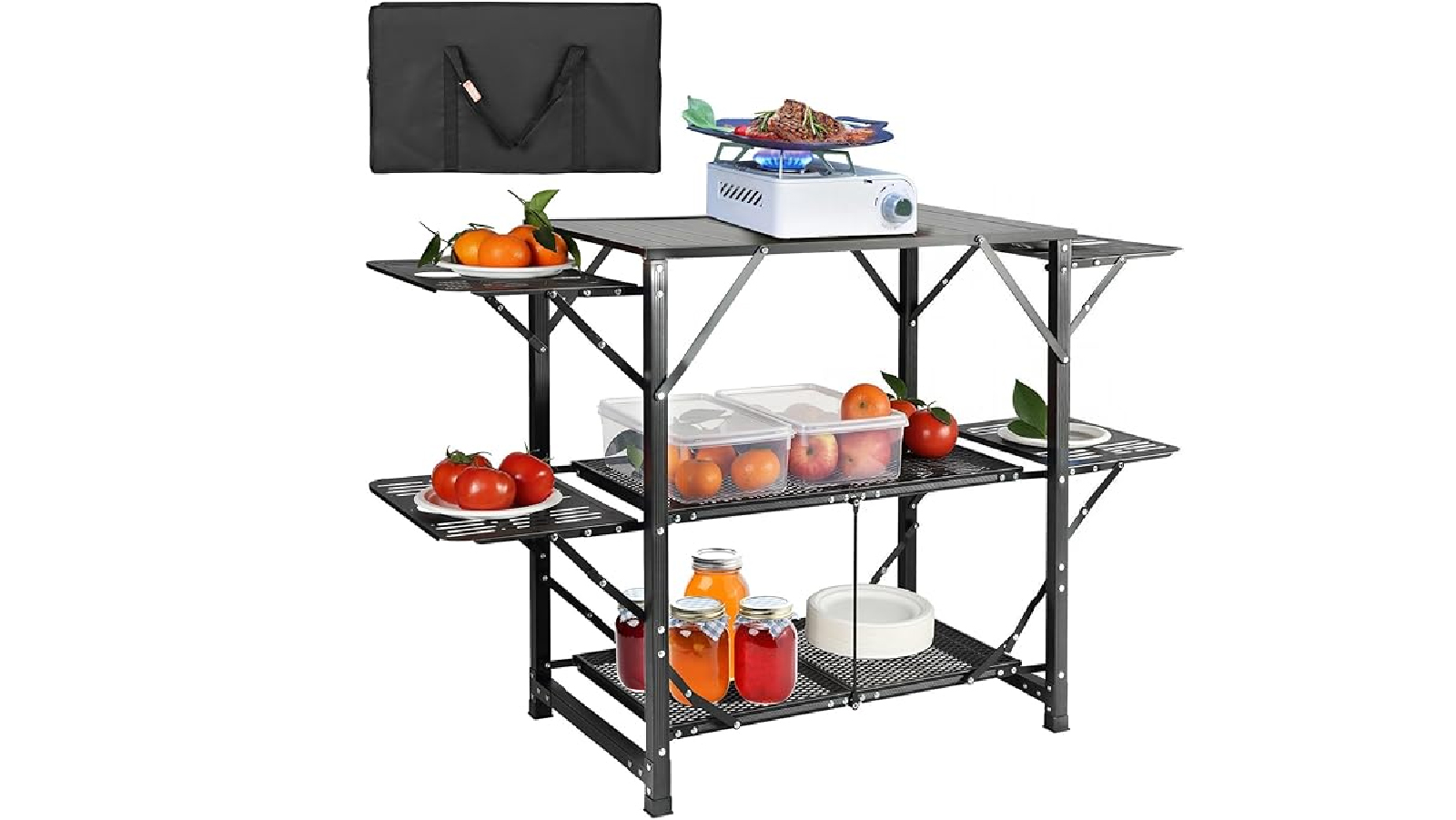 Pretty & Practical Portable Camping Kitchen Table with Carrying Bag, 4 Side Tables and 2 Shelves 