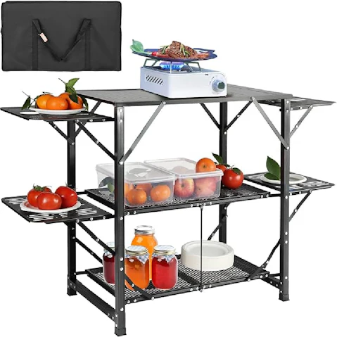 Pretty & Practical Portable Camping Kitchen Table with Carrying Bag, 4 Side Tables and 2 Shelves