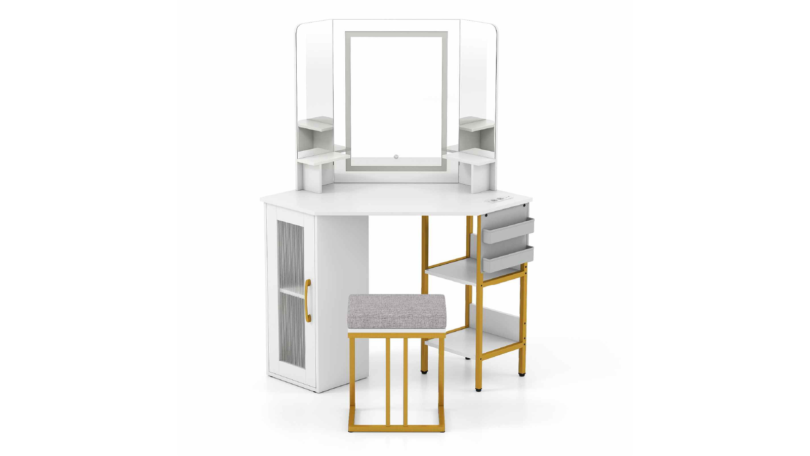 Costway Corner Makeup Vanity Desk with Triple Mirror and Lights `