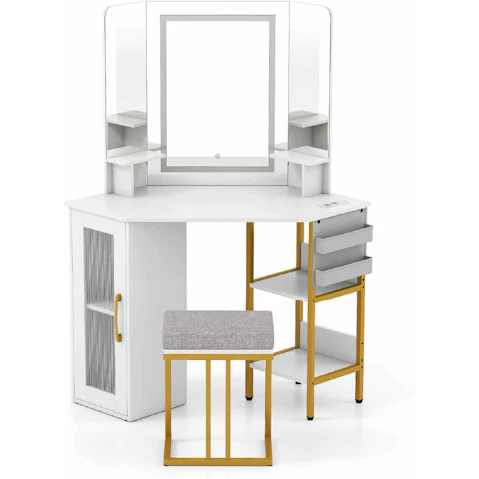 Costway Corner Makeup Vanity Desk with Triple Mirror and Lights `