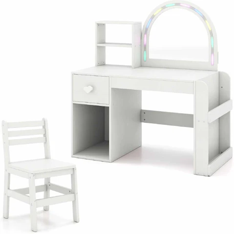 Costway Princess Makeup Dressing Table Chair Set with Lighted Mirror - White