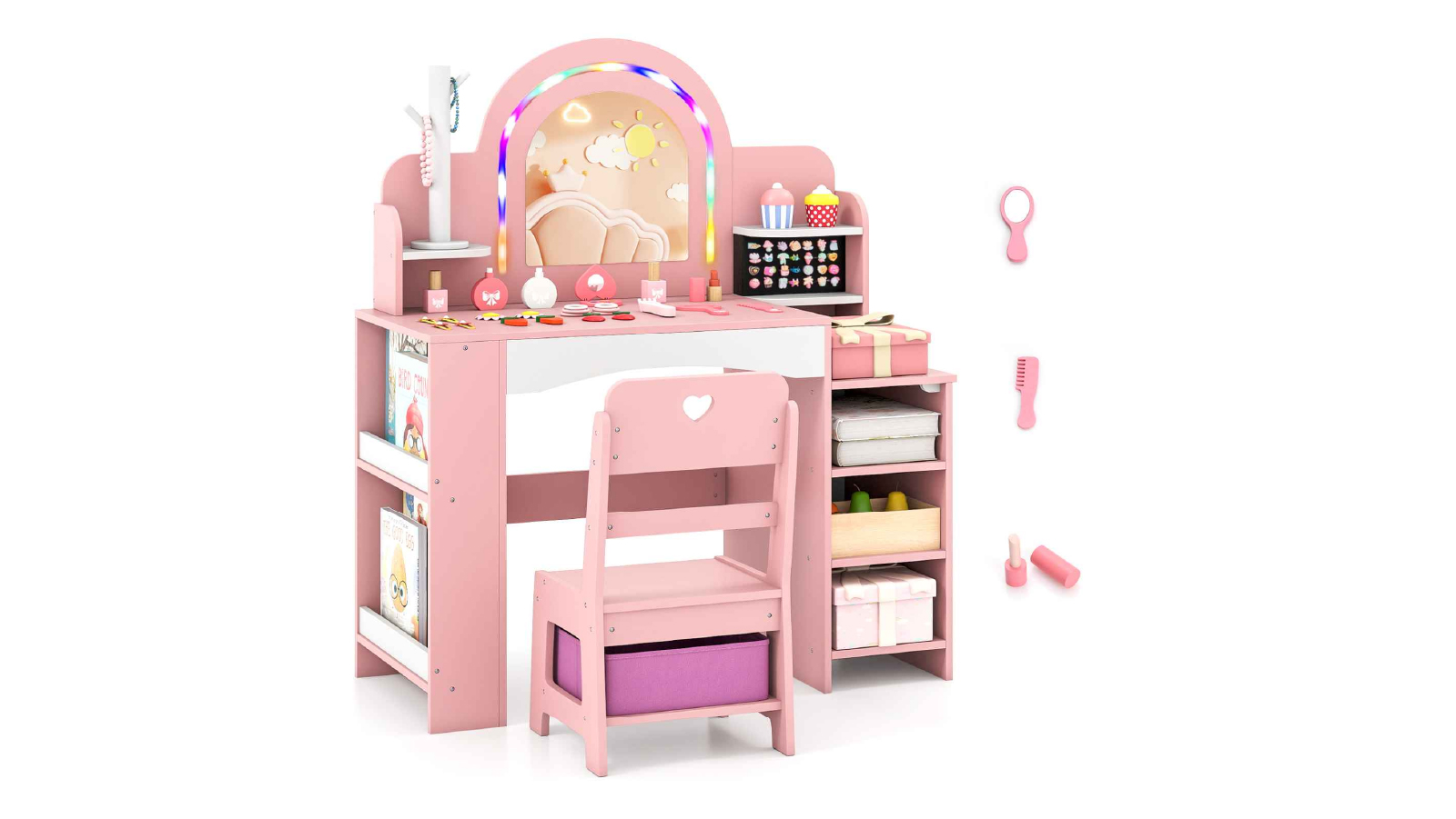 Costway Lighted Pretend Play Makeup Dressing Table and Chair Set with Bookshelf - Pink