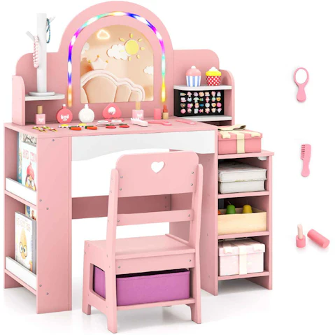 Costway Lighted Pretend Play Makeup Dressing Table and Chair Set with Bookshelf - Pink