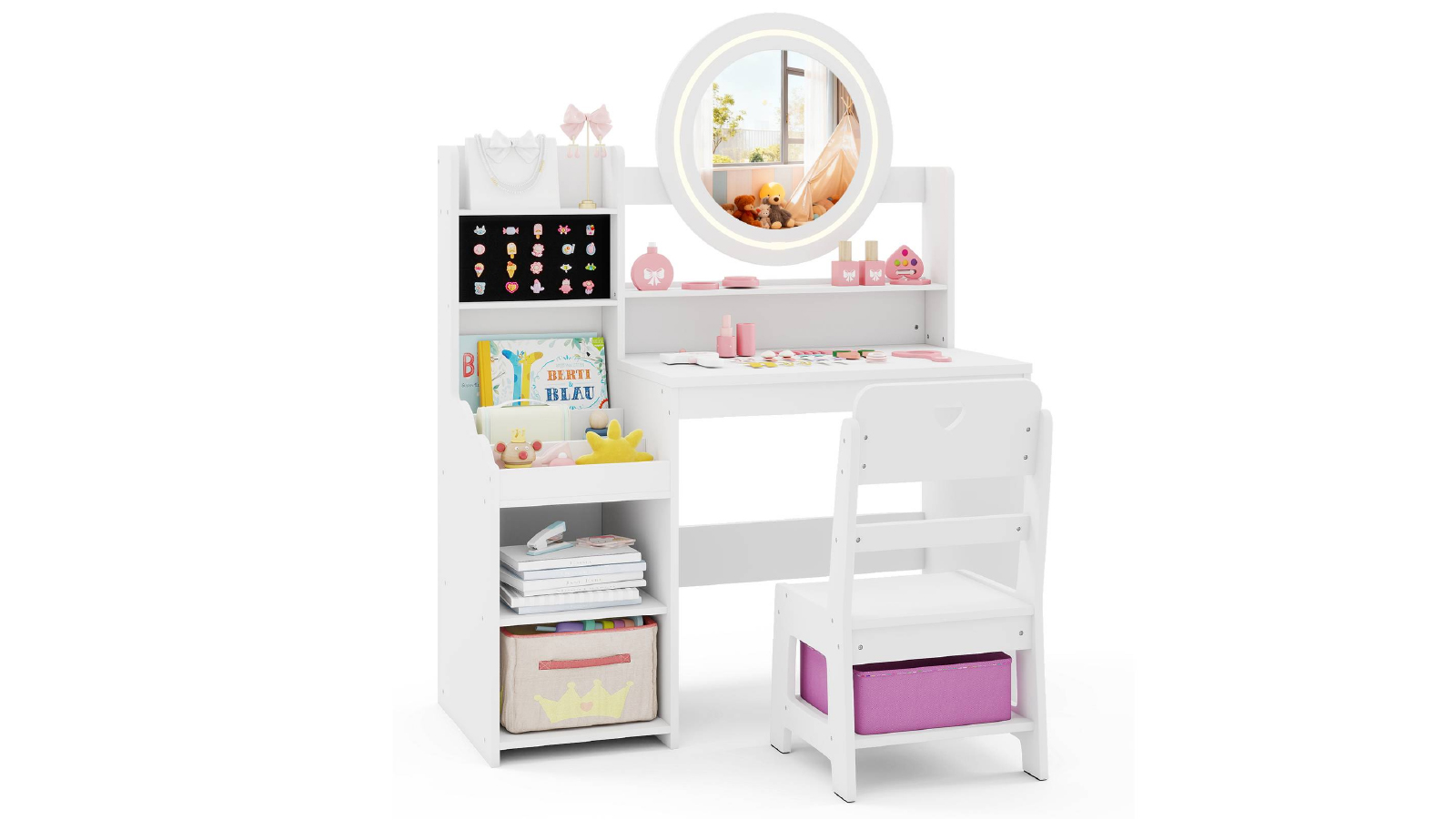 Costway Lighted Pretend Play Makeup Dressing Table and Chair Storage Shelf Set with Bookshelf - White