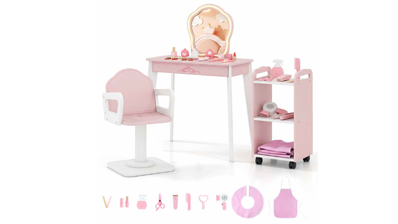 Costway Pretend Play Swivel Barber Chair with Trolley Cart and LED Mirror