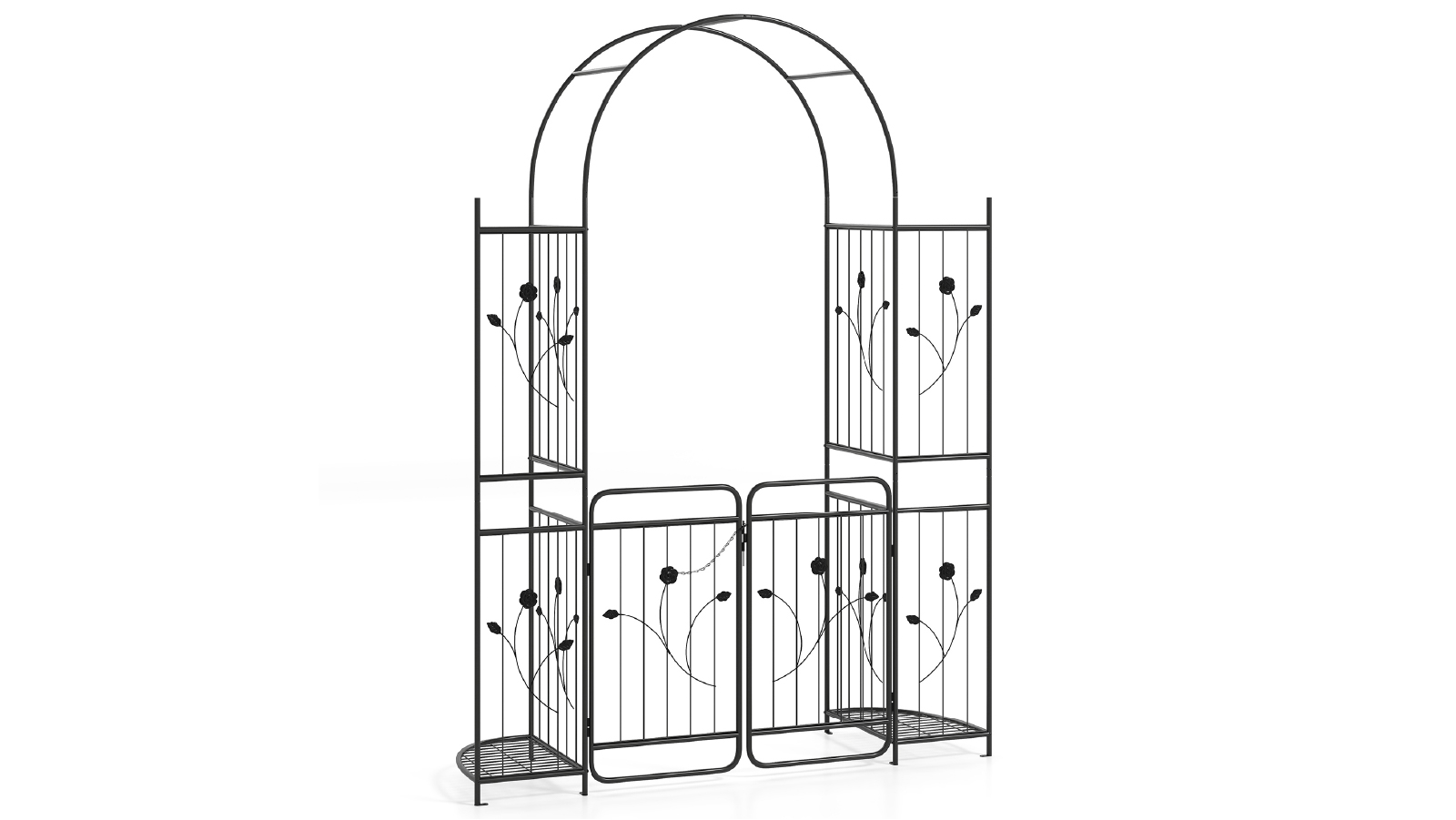 Costway 2.2m 3 in 1 Garden Arch Metal Arbor Outdoor Climbing Plant Trellis with Gate Planter Shelves for Ceremony