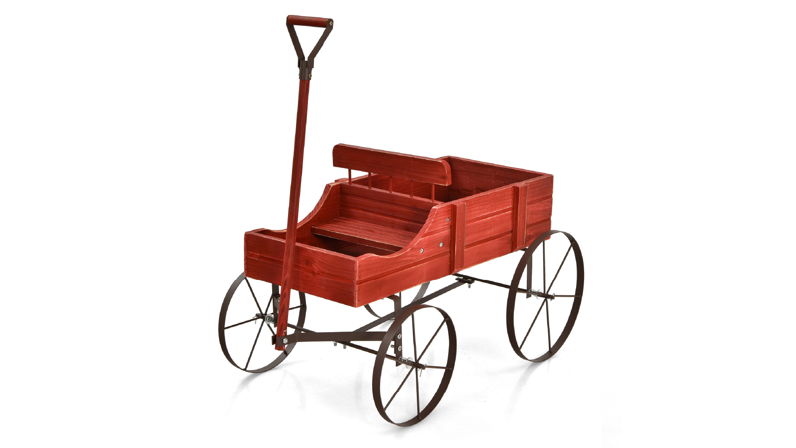 Costway Wooden Garden Flower Stand Planter Wagon Plant Bed with Wheel - Red