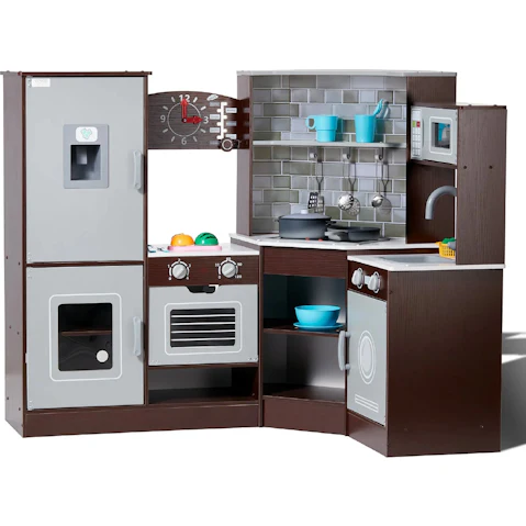 Pretty & Practical Toddler Kitchen Toy Corner Wooden Play Kitchen Set with Lights and Sounds - Brown