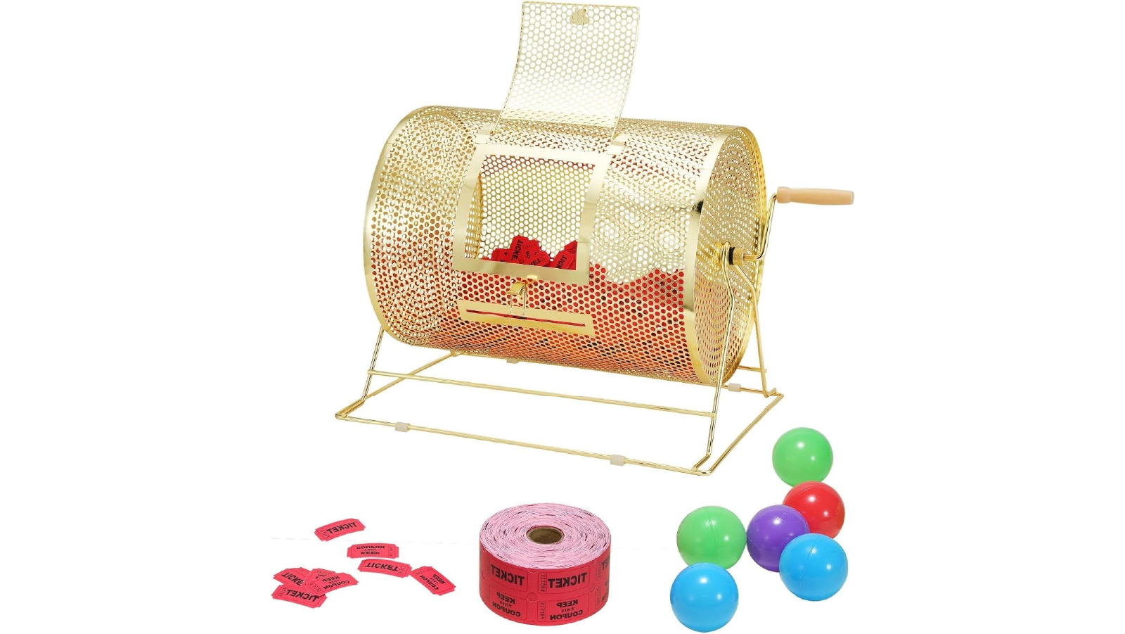 Pretty & Practical 16.1 x12 Inch Brass Plated Raffle Ticket Spinning Cage with Wooden Turning Handle for Bingo Ballot Part