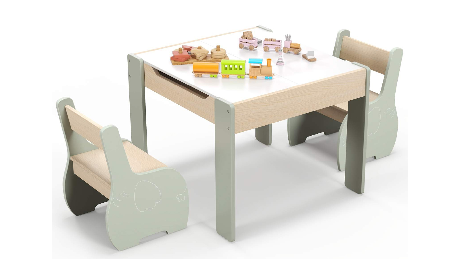 Costway 4 in 1 Wooden Table Chair Set with 2 in 1 Tabletop & Storage