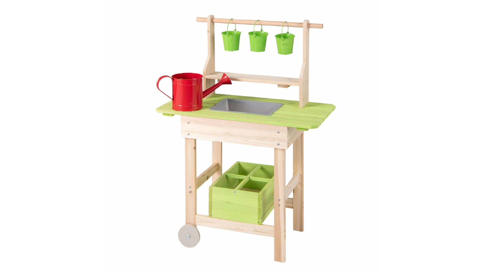 Costway Mobile Mud Kitchen Outdoor Wood Pretend Kitchen Playset with Pots Watering Can Planting Trough Shelf Storage Box Wheels