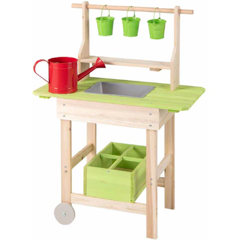 Costway Mobile Mud Kitchen Outdoor Wood Pretend Kitchen Playset with Pots Watering Can Planting Trough Shelf Storage Box Wheels