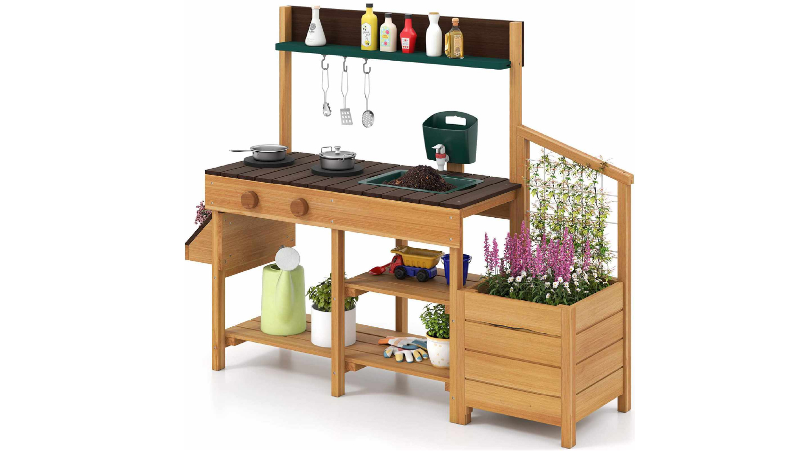 Costway Wood Mud Kitchen Playset with Planter Box Trellis Sink & Stoves Outdoor  - Brown