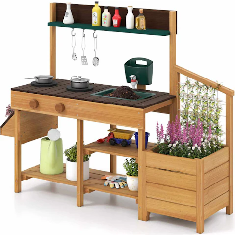 Costway Wood Mud Kitchen Playset with Planter Box Trellis Sink & Stoves Outdoor - Brown