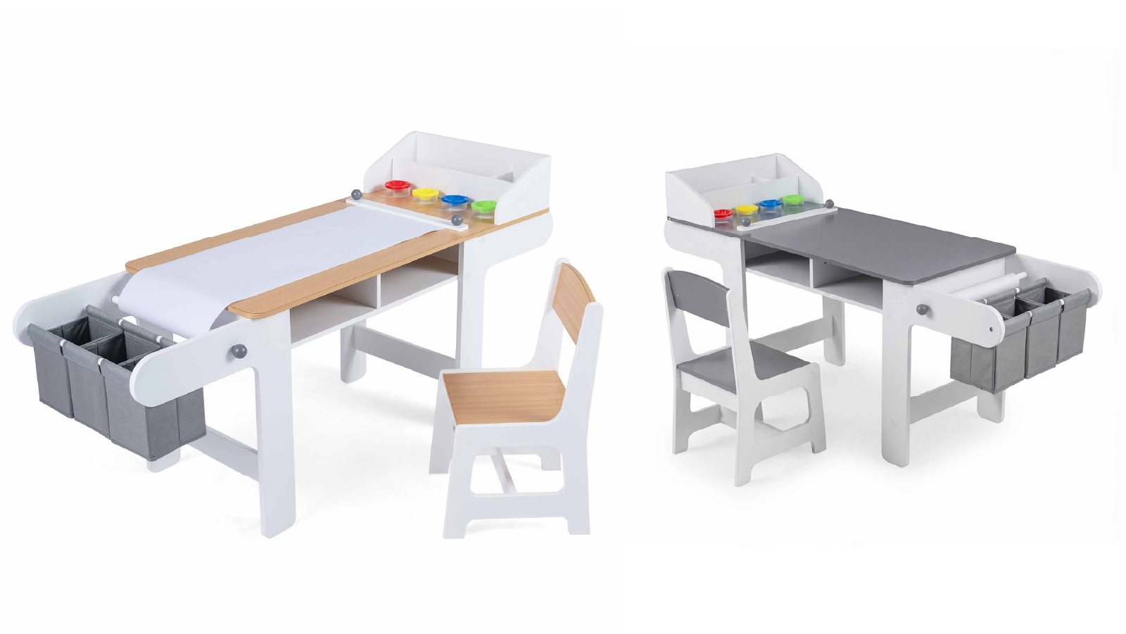 Costway Wooden Craft Drawing Desk Set with Paper Roll 4 Paint Cup 3 Storage Bin