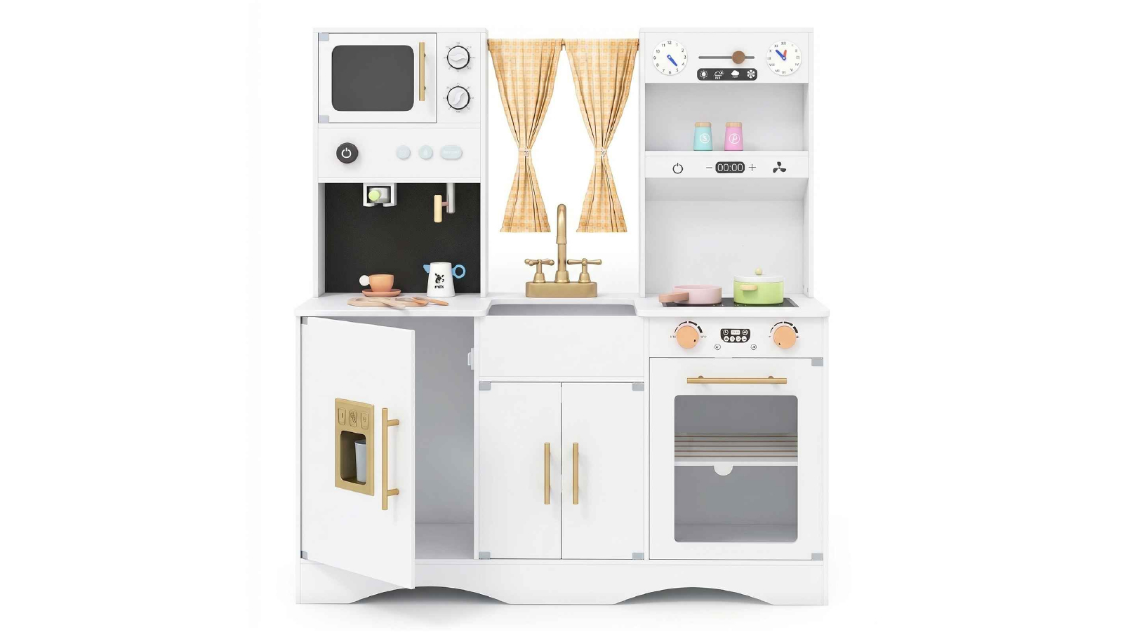 Costway Wooden Cooking Pretend Toy Kitchen Playset with Oven & Full Cooking Accessories - White