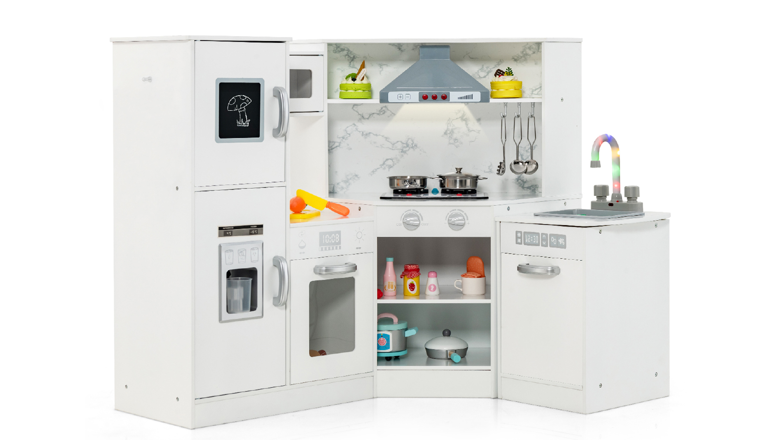 Costway Corner Wooden Kitchen Playset Pretend Cooking Toy with Cookware Accessories - White