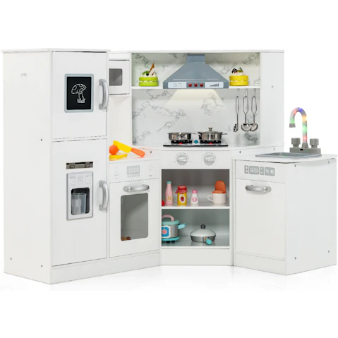Costway Corner Wooden Kitchen Playset Pretend Cooking Toy with Cookware Accessories - White