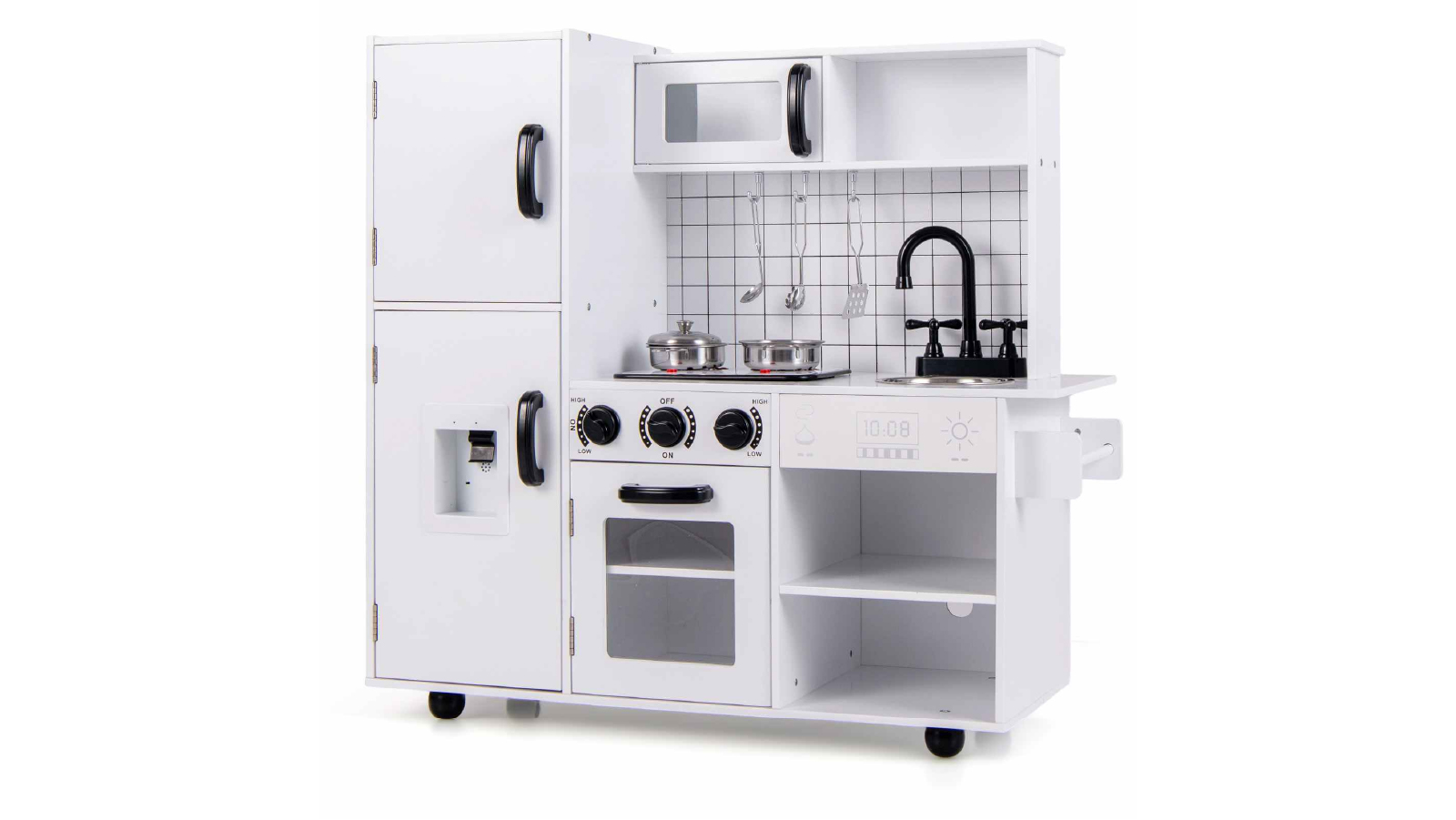 Costway Wooden Kitchen Playset Chef Pretend with Water Dispenser Stoves Oven Microwave Sink Towel Rack - White