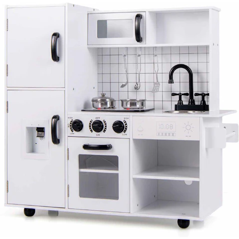 Costway Wooden Kitchen Playset Chef Pretend with Water Dispenser Stoves Oven Microwave Sink Towel Rack - White