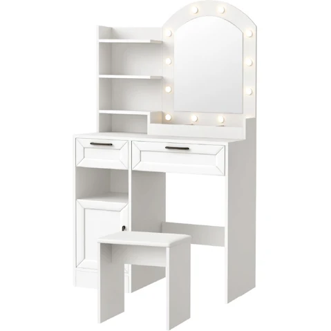 Oikiture 12 LED Bulbs Dressing Table Stool Set - White