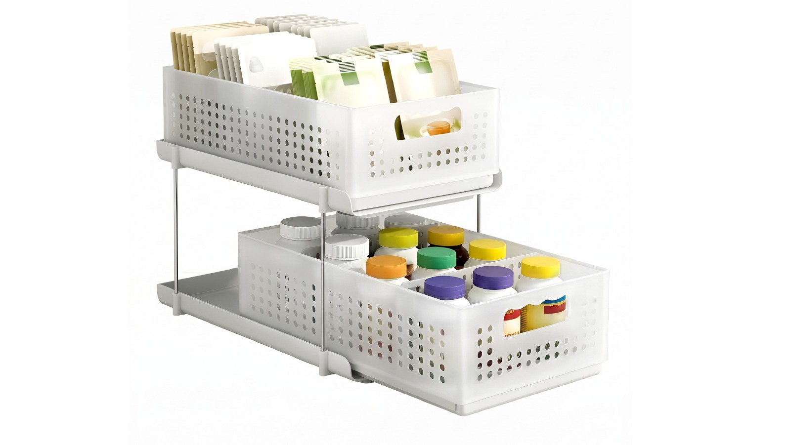 Artiss  2 Tier Under Sink Organizer Pull Out Drawer with Removable Baskets and Divider - White