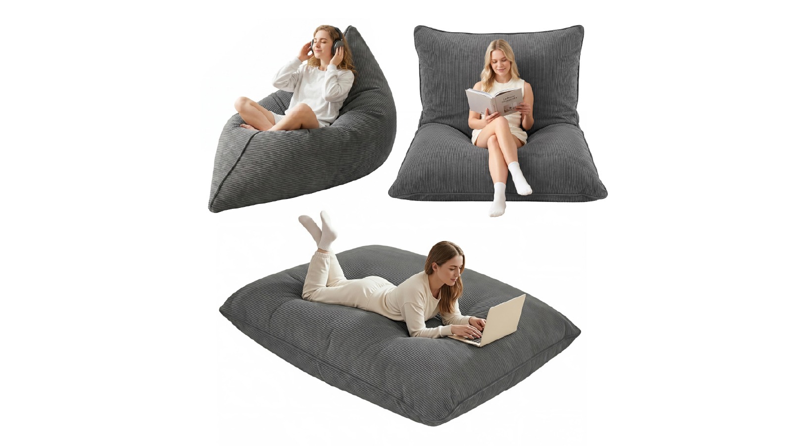 Artiss 3 in 1 Bean Bag Chair Cover No Filler Convertible Bean Bag for Adults - Grey