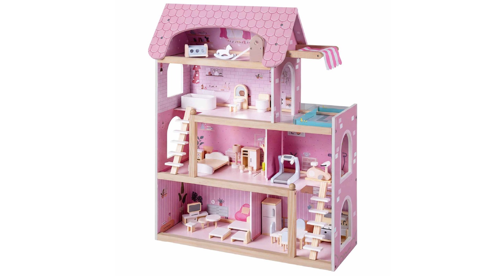 Costway Wooden Doll House Playset with Furniture Accessories - Pink