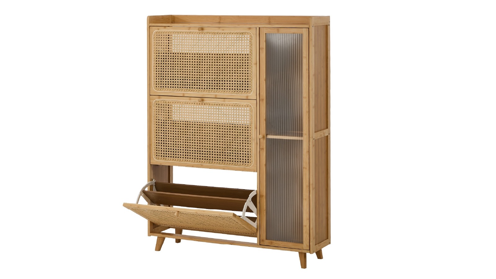 Oikiture Single Door Bamboo Shoe Storage Cabinet  with 3 Compartments Rack - Natural