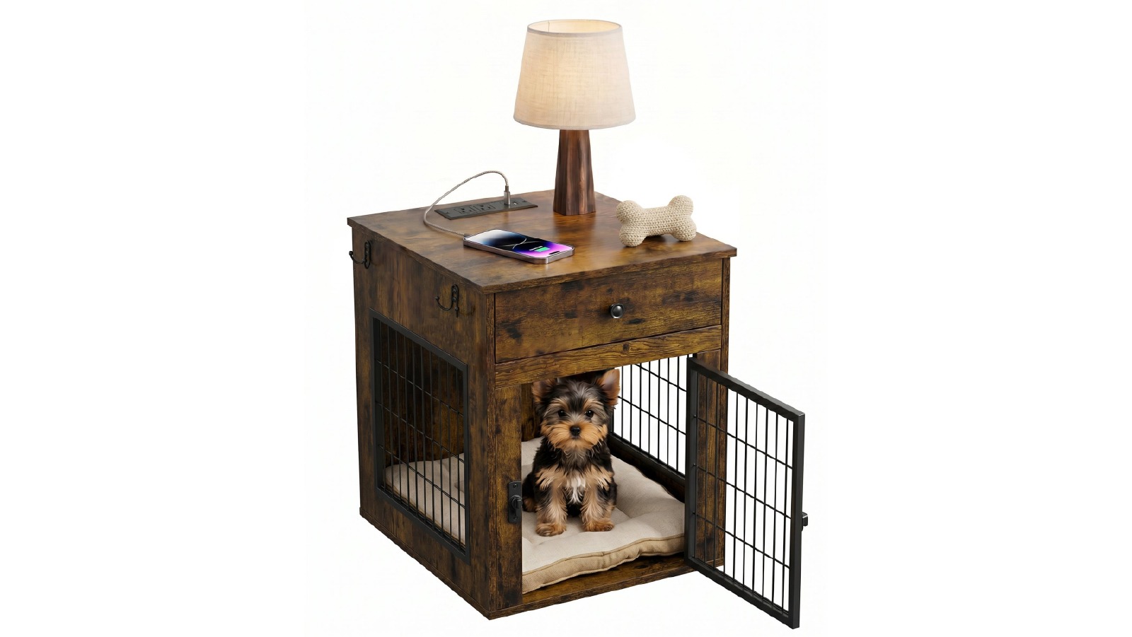 Viviendo Dog Crate End Table with Mat & Charging Station for Small Dogs - Brown