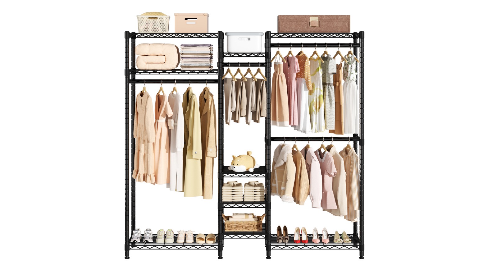 Advwin Portable L-Shaped Closet Wardrobe Racks with 4 Hang Rods & 9 Shelves - Black