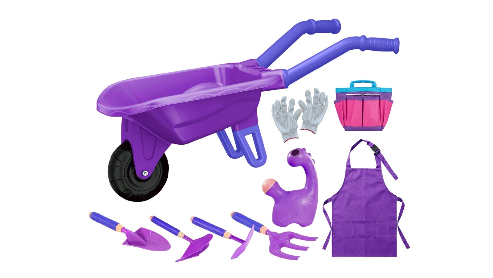 Purple Kids Gardening Tool Toys Play Set with Wheelbarrow, Shovel, Apron, Gloves & Watering Can