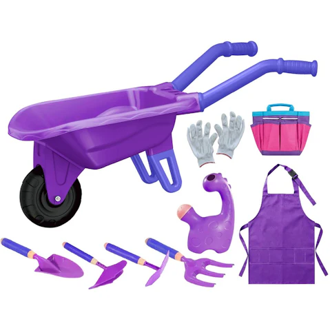 Purple Kids Gardening Tool Toys Play Set with Wheelbarrow, Shovel, Apron, Gloves & Watering Can