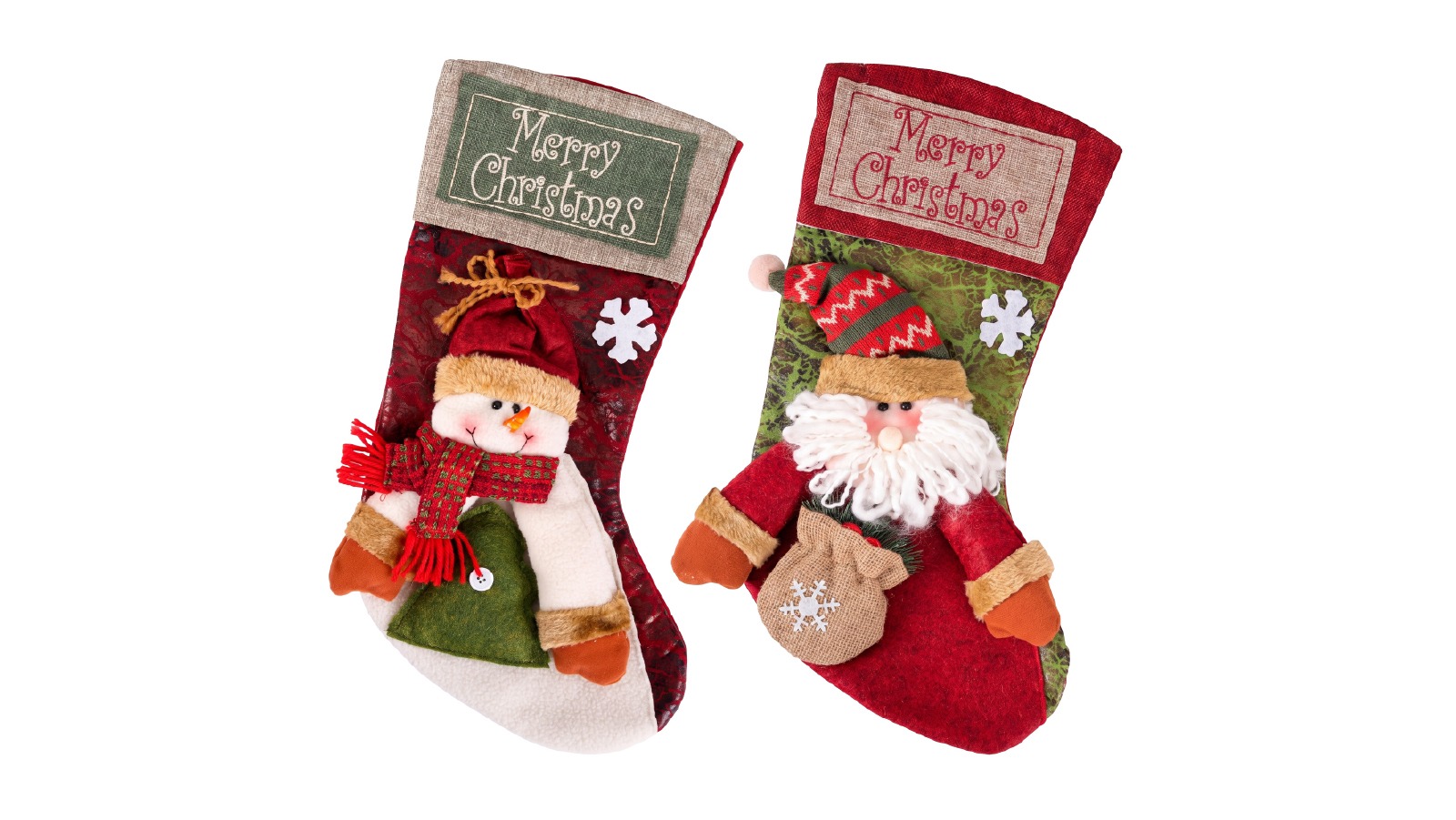 Jingle Jollys  2 Pack Large 3D Plush Santa Snowman Christmas Stockings  - 43.5cm 