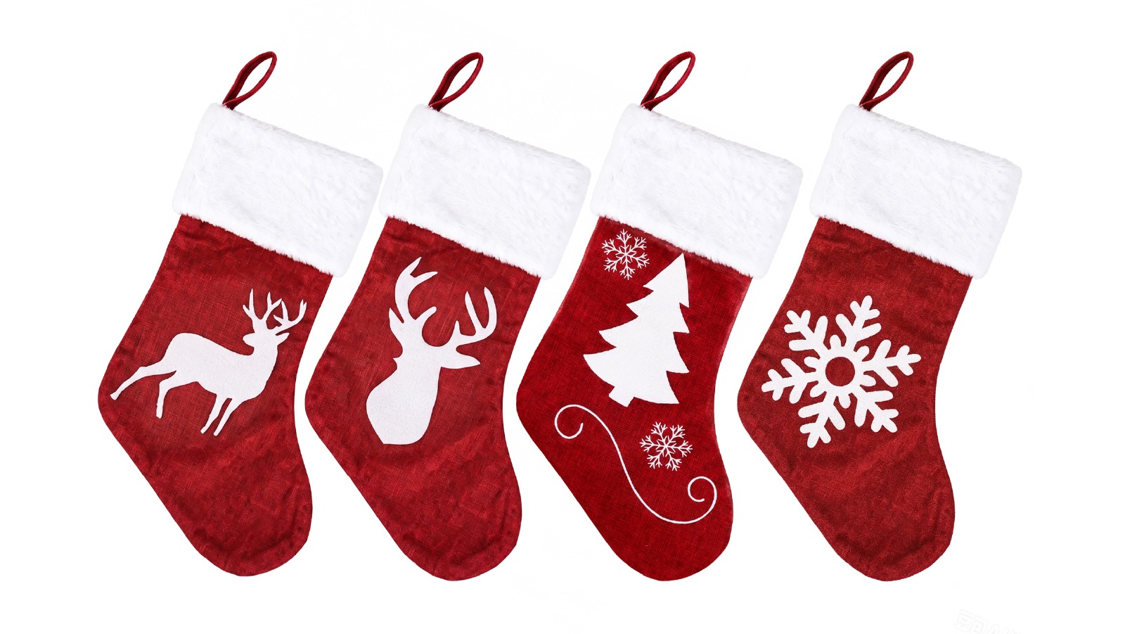 Jingle Jollys 4 Pack Large Red White Velvet Christmas Stockings - 46.5cm